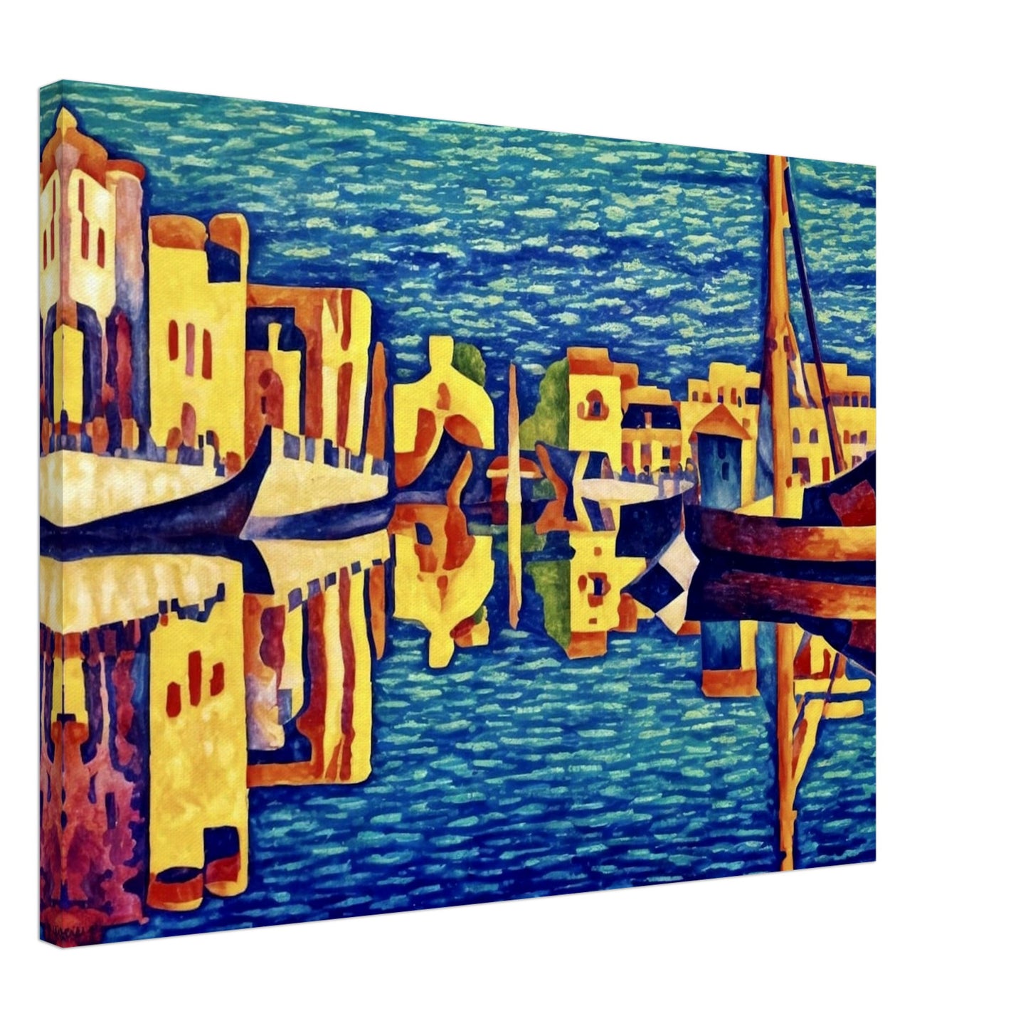 A vibrant depiction of a canal city with golden-hued buildings and gondolas reflecting in deep blue waters, creating a mesmerizing mirrored effect.