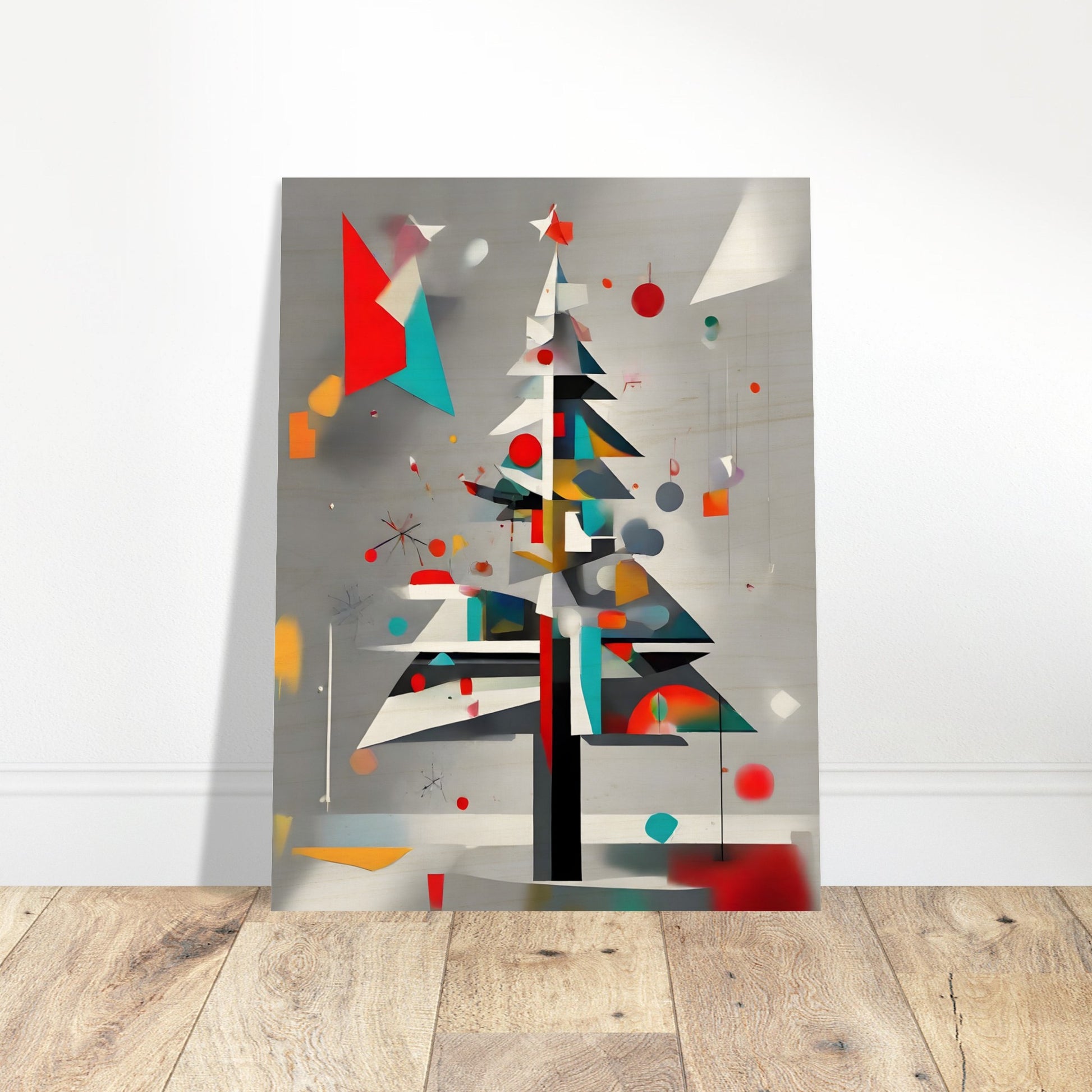 A sleek and modern artwork featuring a geometric Christmas tree adorned with colorful shapes, abstract ornaments, and a gray background.