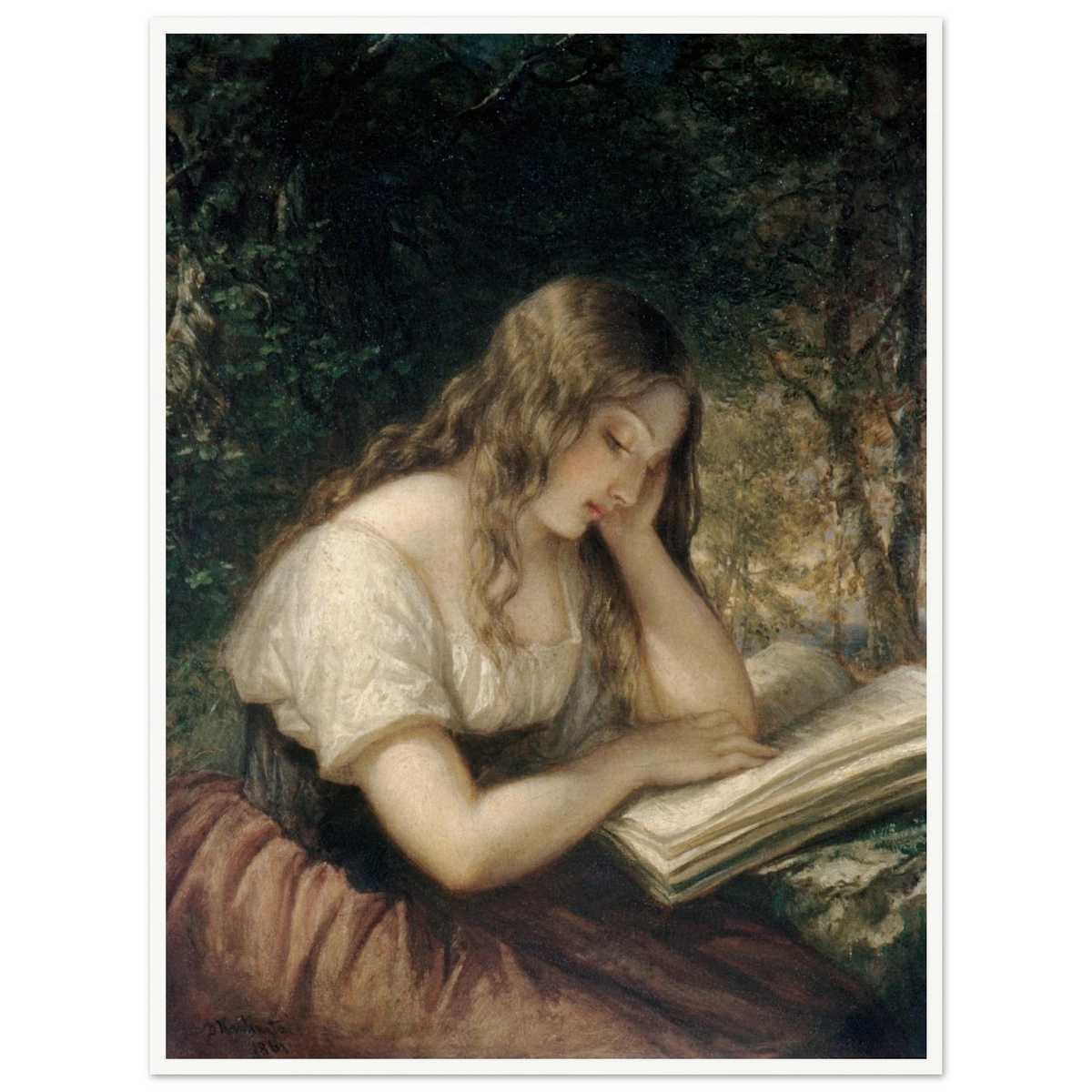A young girl sits outdoors reading a large open book in a shaded woodland setting.
