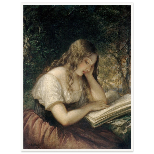 A young girl sits outdoors reading a large open book in a shaded woodland setting.