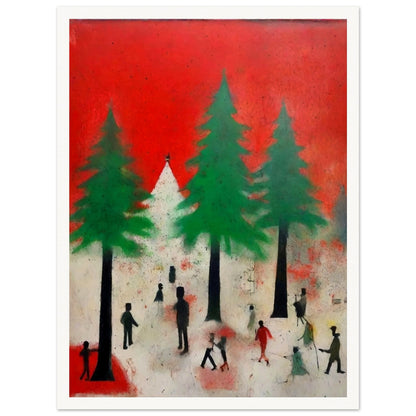 A festive winter scene with silhouettes of people among tall green pine trees, set against a bold red sky and snowy ground.