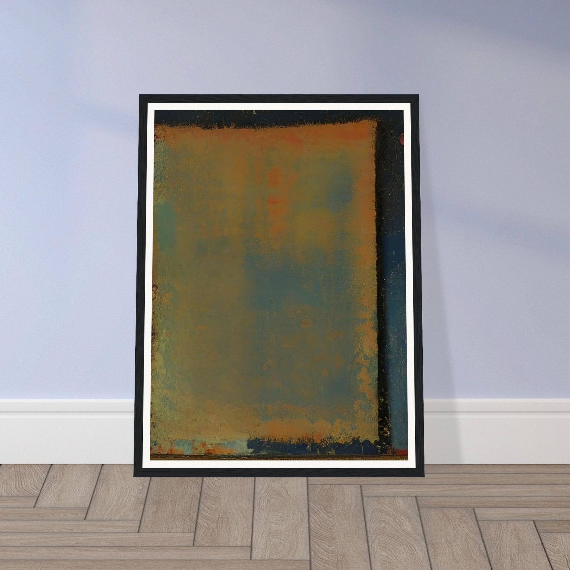 A serene abstract painting with shades of blue, orange, and yellow blending softly together in a rectangular form.