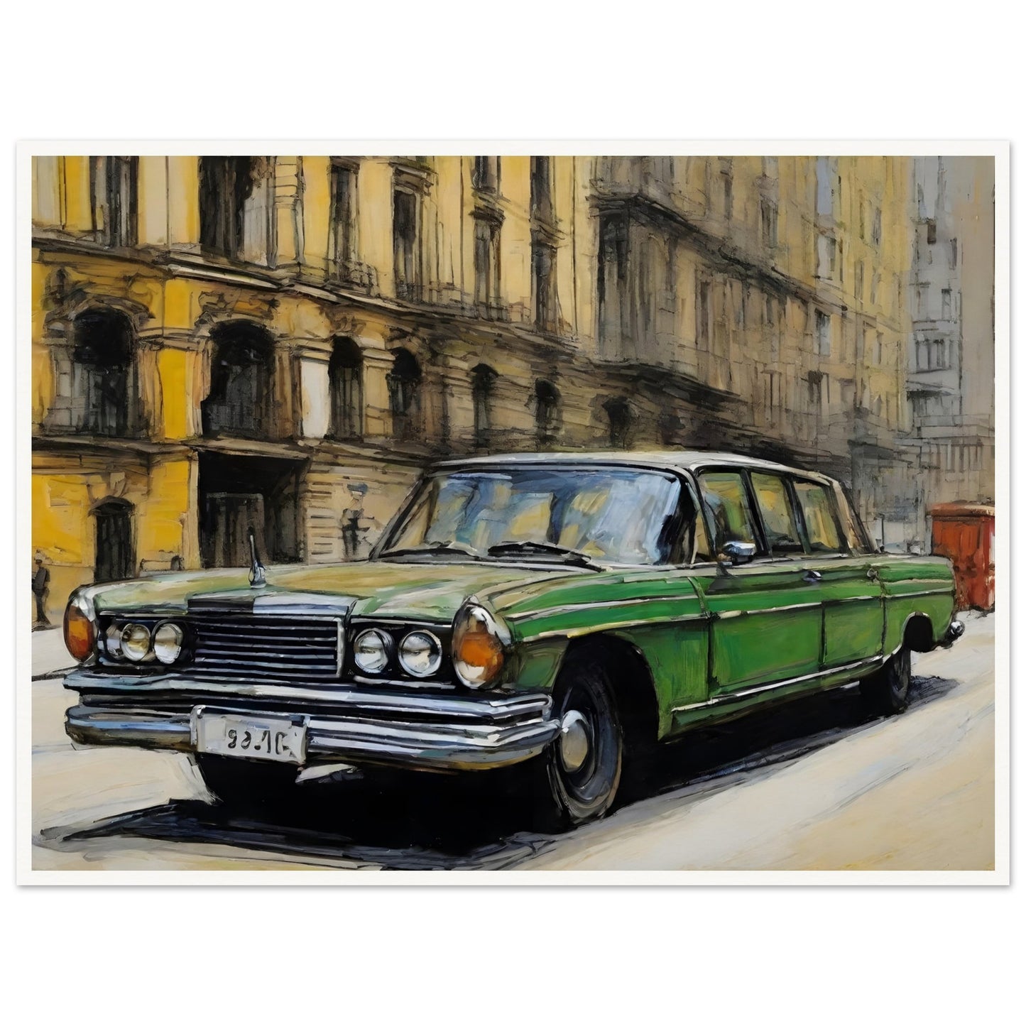 A striking painting of a green vintage car parked on a city street, surrounded by historic yellow buildings with intricate details.