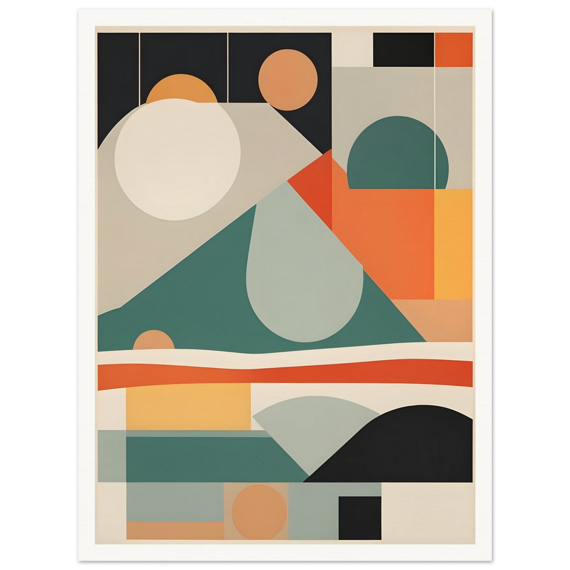 A geometric abstract painting with layered shapes resembling mountains, valleys, and the sun in earthy tones of teal, orange, beige, and black