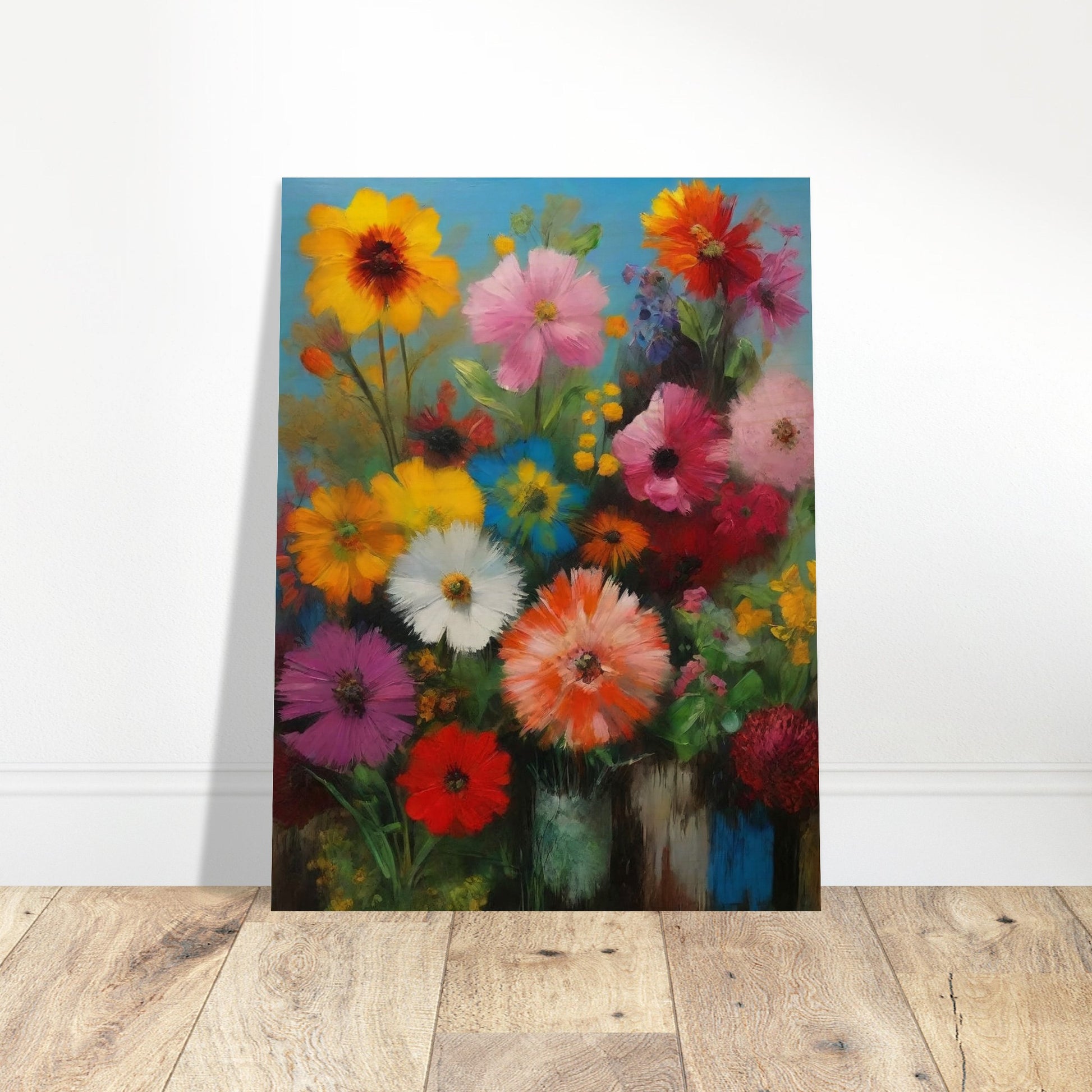 A colorful bouquet of various flowers in full bloom set against a bright blue background, showcasing a mix of vibrant hues.