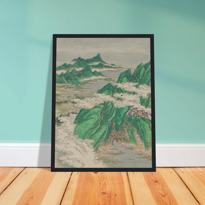 Green mountains rise through curling white clouds above rivers, villages, and pink blossoms in a traditional Chinese landscape.