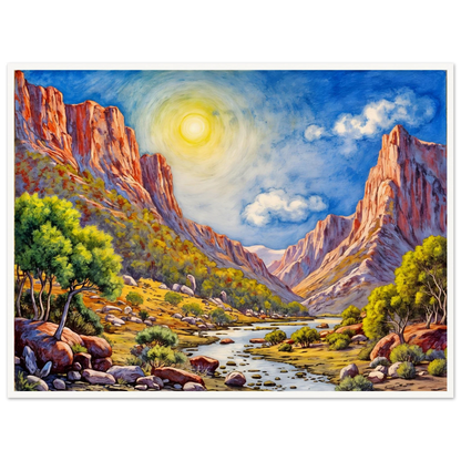 Bright desert canyon landscape with towering sunlit cliffs, winding river, vivid blue sky, and glowing golden valley under radiant sunlight.