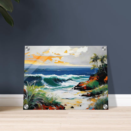 A vibrant painting of an ocean wave crashing onto a rocky coastline with palm trees and a colorful sky at sunset, exuding serenity.