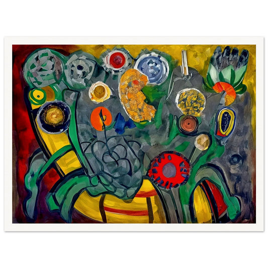 A bold, abstract depiction of colorful flowers with swirling shapes and rich colors like red, yellow, and green, creating an energetic garden-like scene.