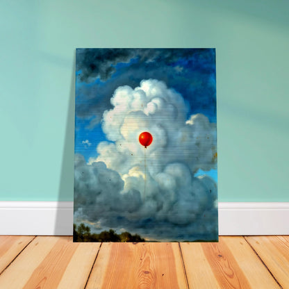 Single red balloon floating through towering white clouds against a dramatic blue sky, creating a surreal scene of hope and wonder.