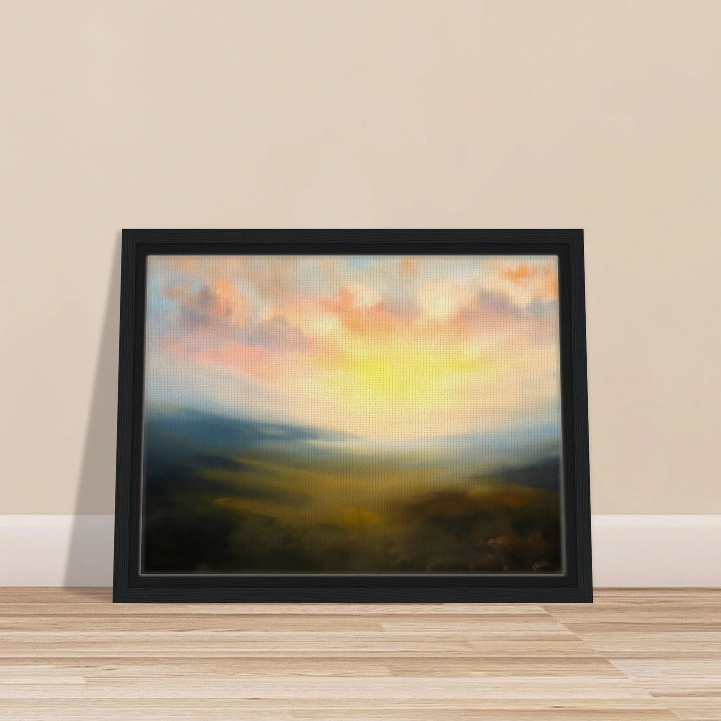 A serene atmospheric landscape featuring a glowing sunrise over mist-covered hills, with soft pink clouds and golden light spreading across a hazy valley.