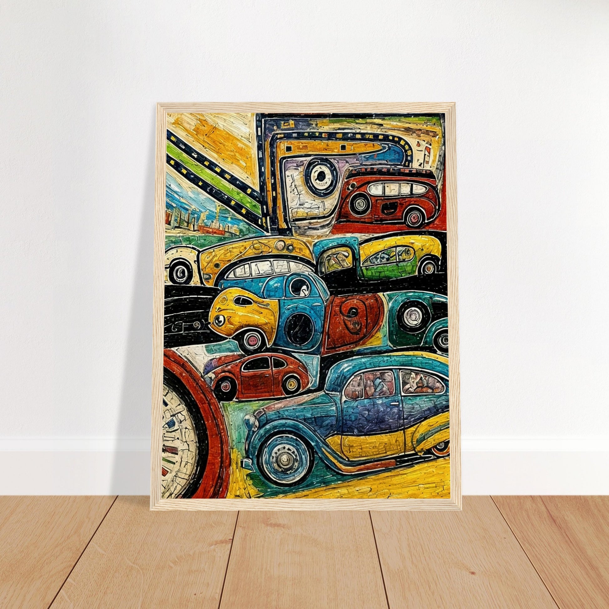 A lively artwork featuring vibrant, multi-colored vintage cars in various shapes and sizes on a winding road, showcasing a playful take on travel and motion.