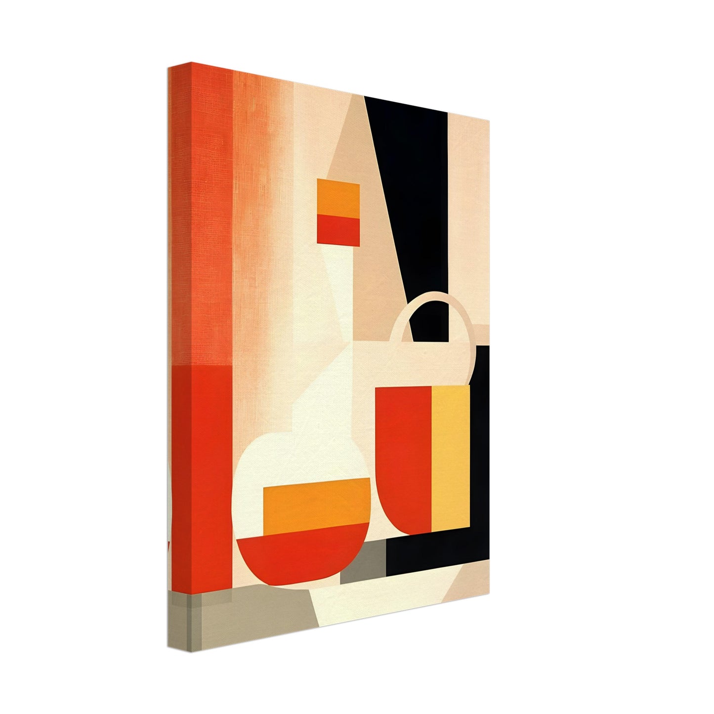 A geometric still-life painting featuring abstract shapes in warm tones of red, orange, yellow, and beige, contrasted with black elements.