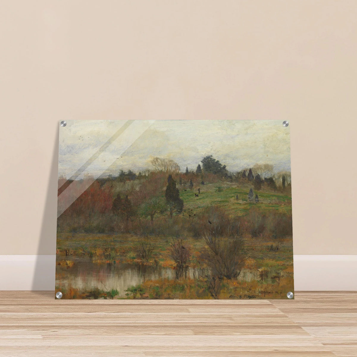 Muted marsh landscape with pond, hills, trees, and red-winged birds under a pale sky.