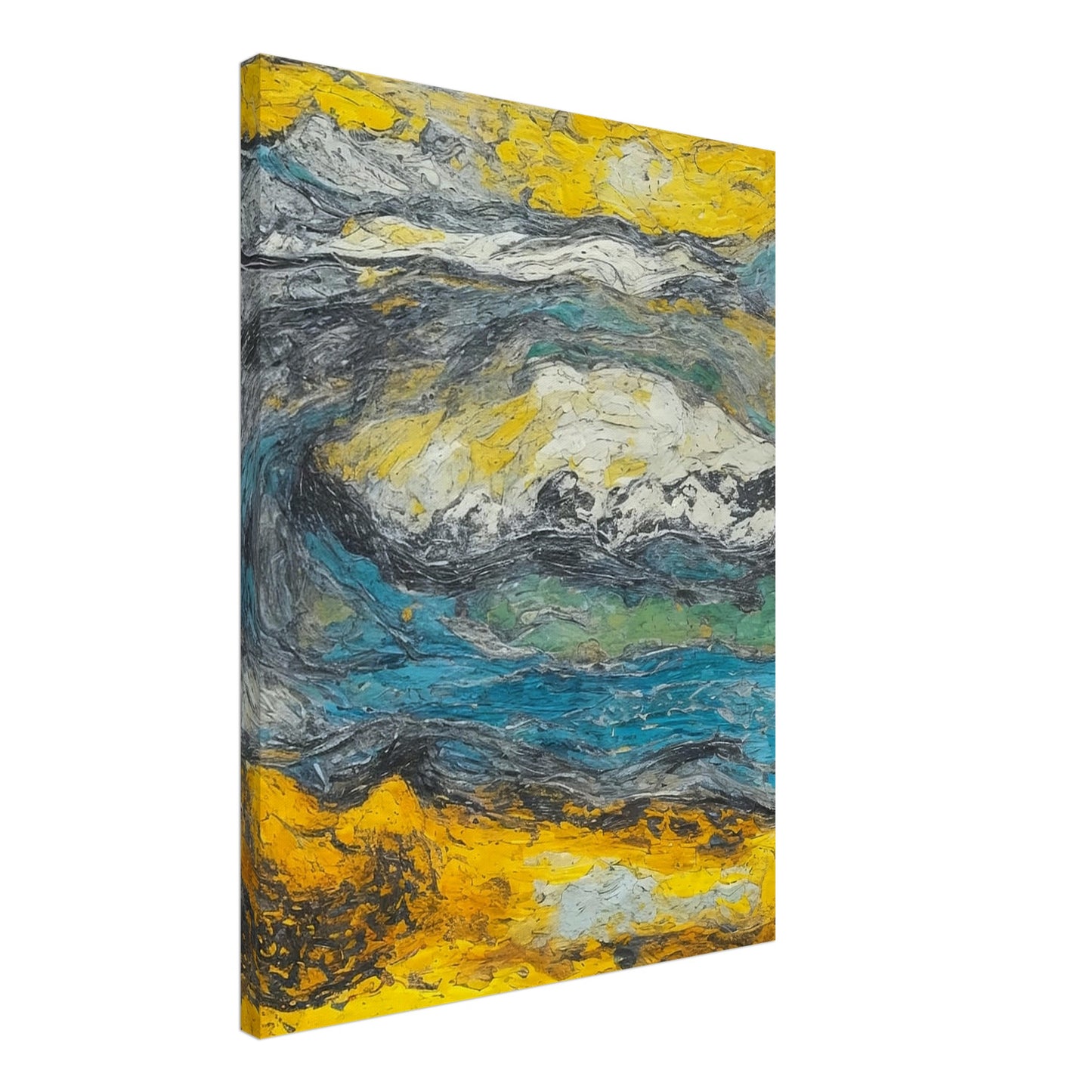 An expressive abstract painting capturing the essence of a stormy landscape with swirling colors and textures, predominantly in shades of yellow, blue, and gray. The dynamic movement and thick application of paint evoke a sense of turbulence and natural power.