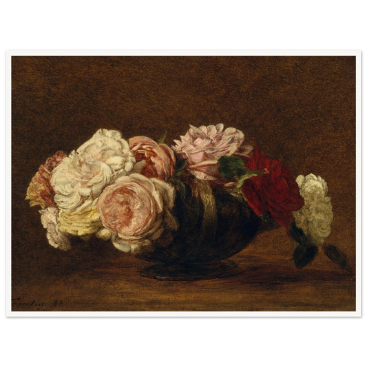 Roses in white, pink, and red spill from a dark bowl against a warm brown background.