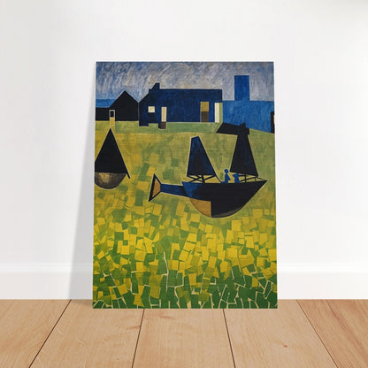 A vibrant abstract painting featuring stylized boats with dark sails floating on a sea of yellow and green geometric patterns, set against a backdrop of blue houses and a tower under a textured sky.