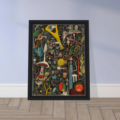 A dense and whimsical collage of surreal plants, tools, birds, and symbols scattered over a textured black background.