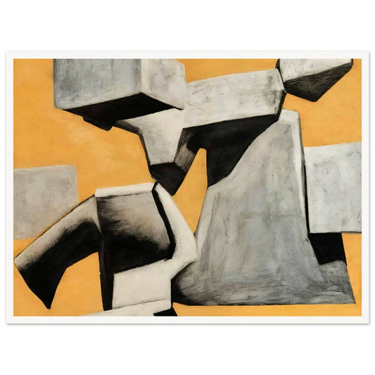 An abstract composition of floating and intersecting gray geometric shapes, set against a warm, textured orange background, creating a sense of movement and contrast.