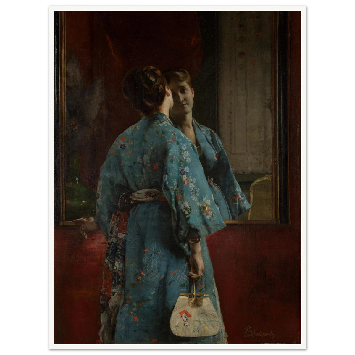 Woman in a blue floral kimono faces a mirror, holding a fan against a dark red interior.