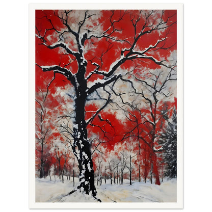 Snow-draped black tree branches standing stark against a vivid red and white sky, evoking a fiery yet wintry contrast.