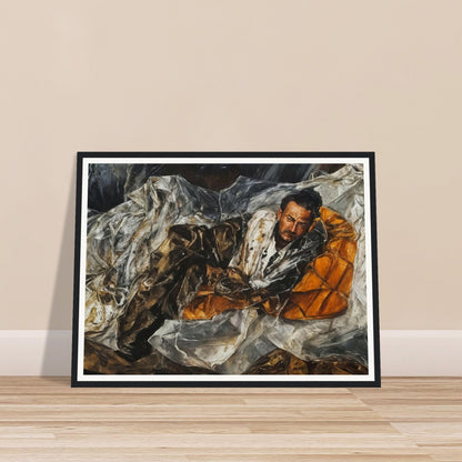 A realistic painting of a man lying down on an orange cushion, draped in textured fabrics, with a contemplative expression.