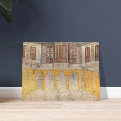 A crowded school gathering fills an ornate Indian courtyard with carved balconies and warm yellow walls.