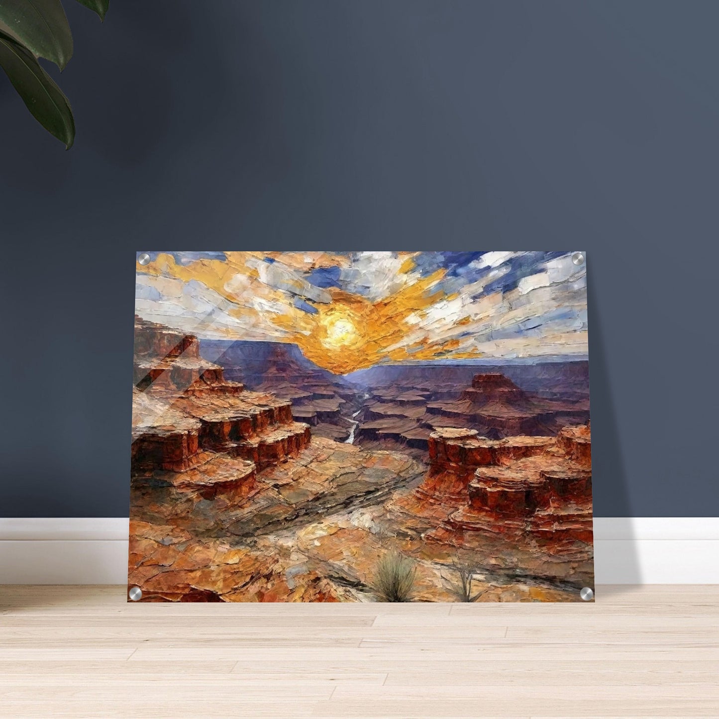 "A dramatic painting of a canyon at sunset, with layers of rocky red cliffs and a radiant golden sun casting light across the vast landscape."