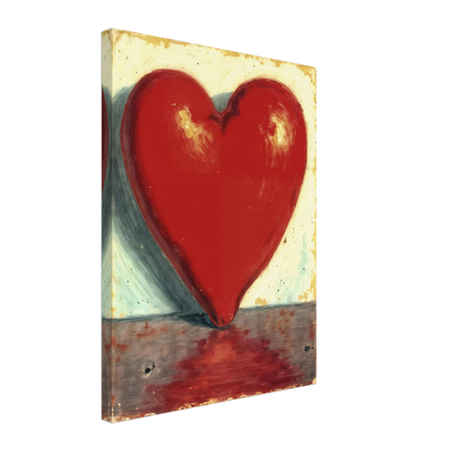 Bold crimson heart form stands luminous against a soft textured backdrop, reflecting warmth, passion, and emotional depth.