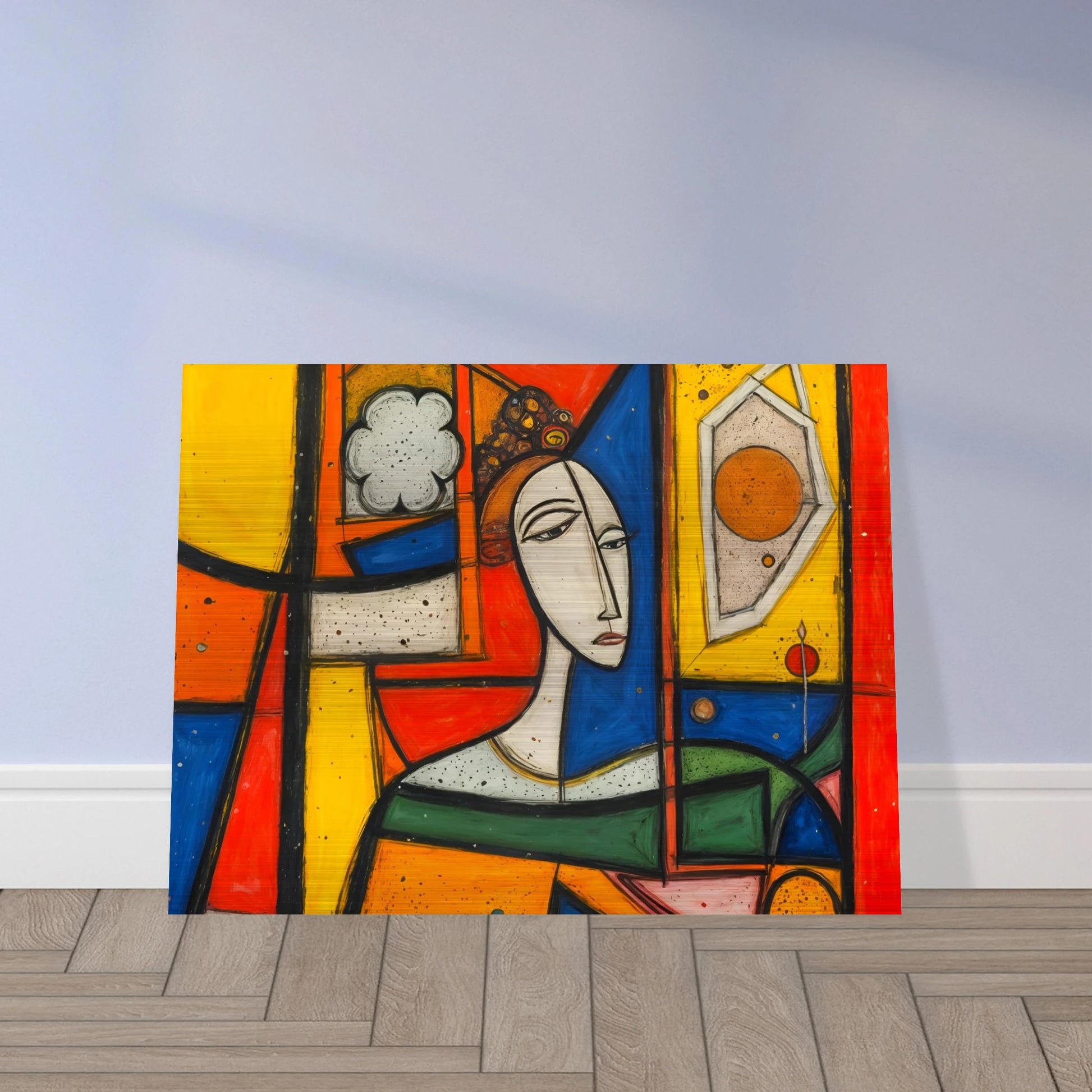 A bold cubist portrait of a woman framed by vivid red, yellow, blue, and green panels with striking geometric forms.