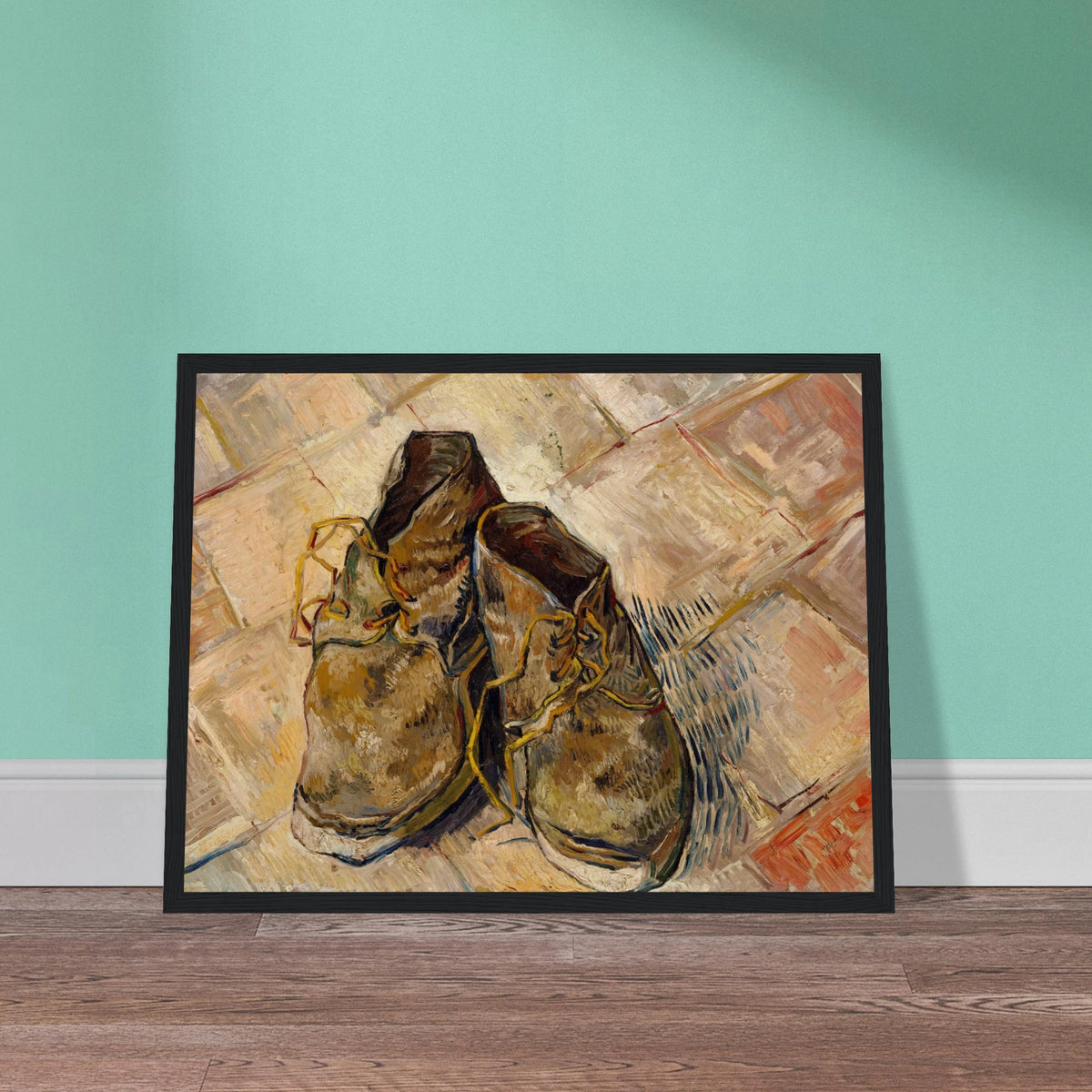 A pair of worn brown shoes with yellow laces rests on a pale tiled floor.
