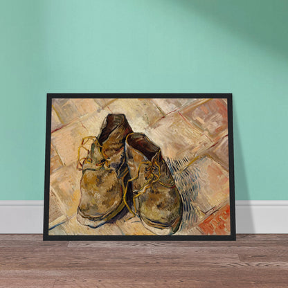 A pair of worn brown shoes with yellow laces rests on a pale tiled floor.