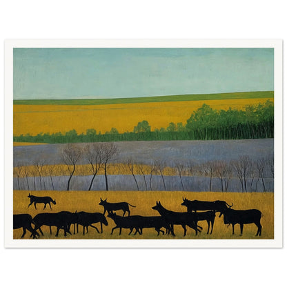 A peaceful scene of black cattle walking across golden fields, with green trees and a clear blue sky in the distance.