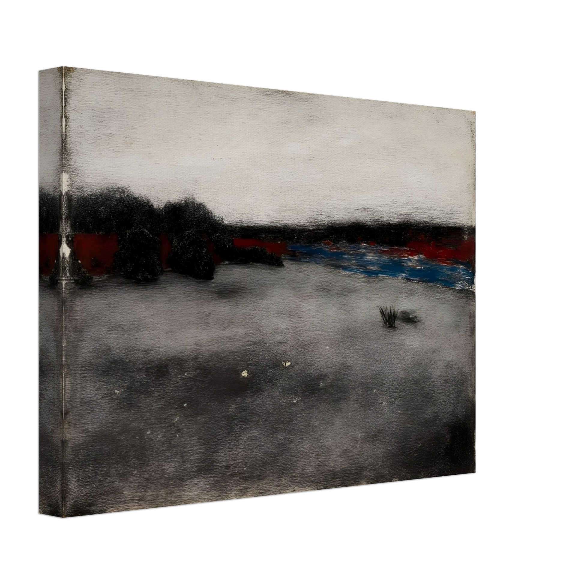 Gray marshland stretches beneath a pale sky, with dark trees and blue water along the horizon.