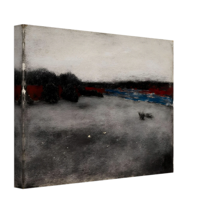 Gray marshland stretches beneath a pale sky, with dark trees and blue water along the horizon.