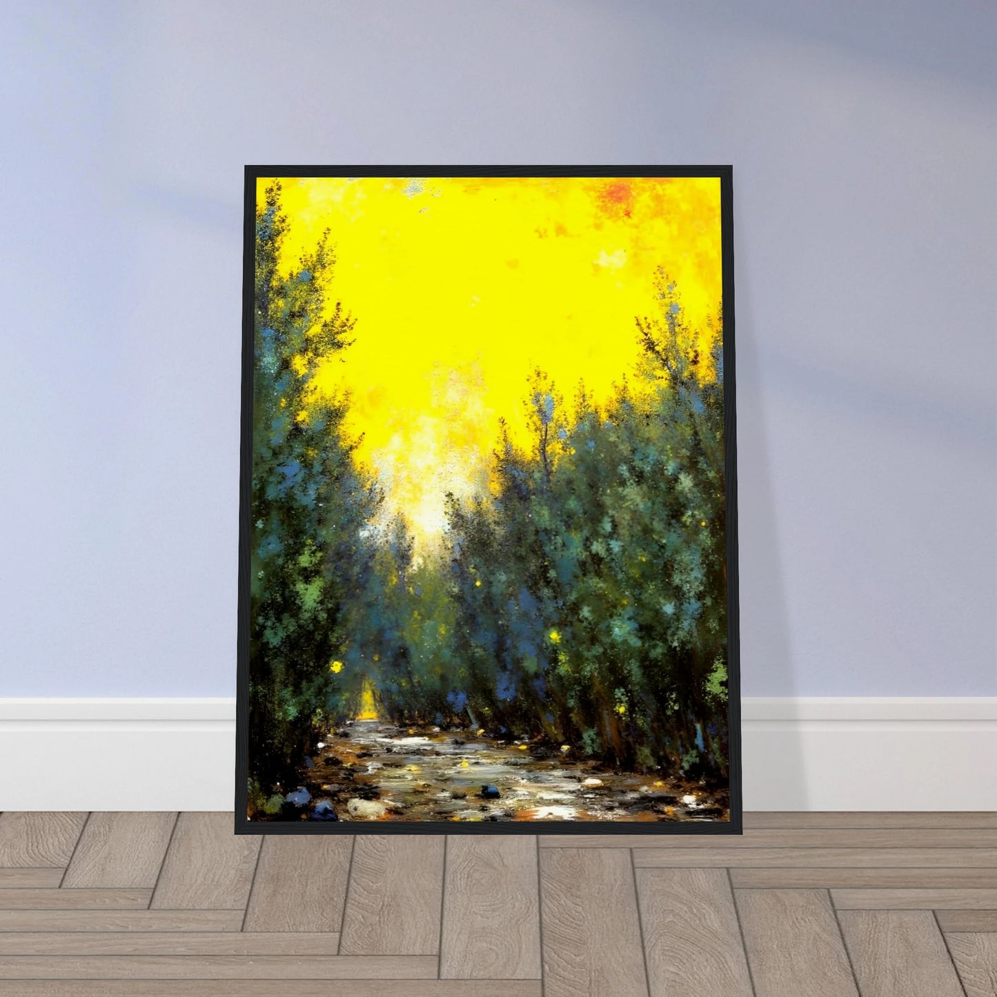 A glowing yellow sky illuminates a narrow forest path lined with lush green trees and scattered stones in soft sunlight.