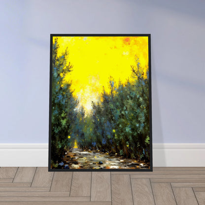 A glowing yellow sky illuminates a narrow forest path lined with lush green trees and scattered stones in soft sunlight.