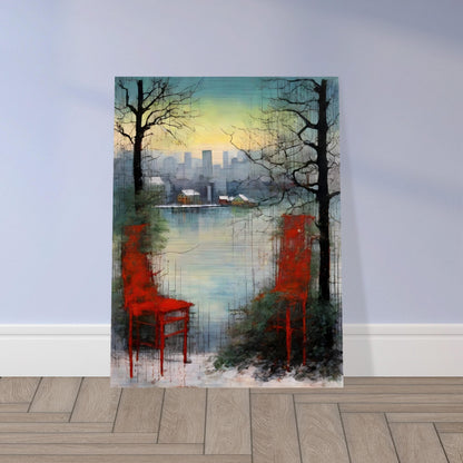 An atmospheric painting featuring two red chairs near a serene lake, framed by bare trees, with a distant city skyline at dusk