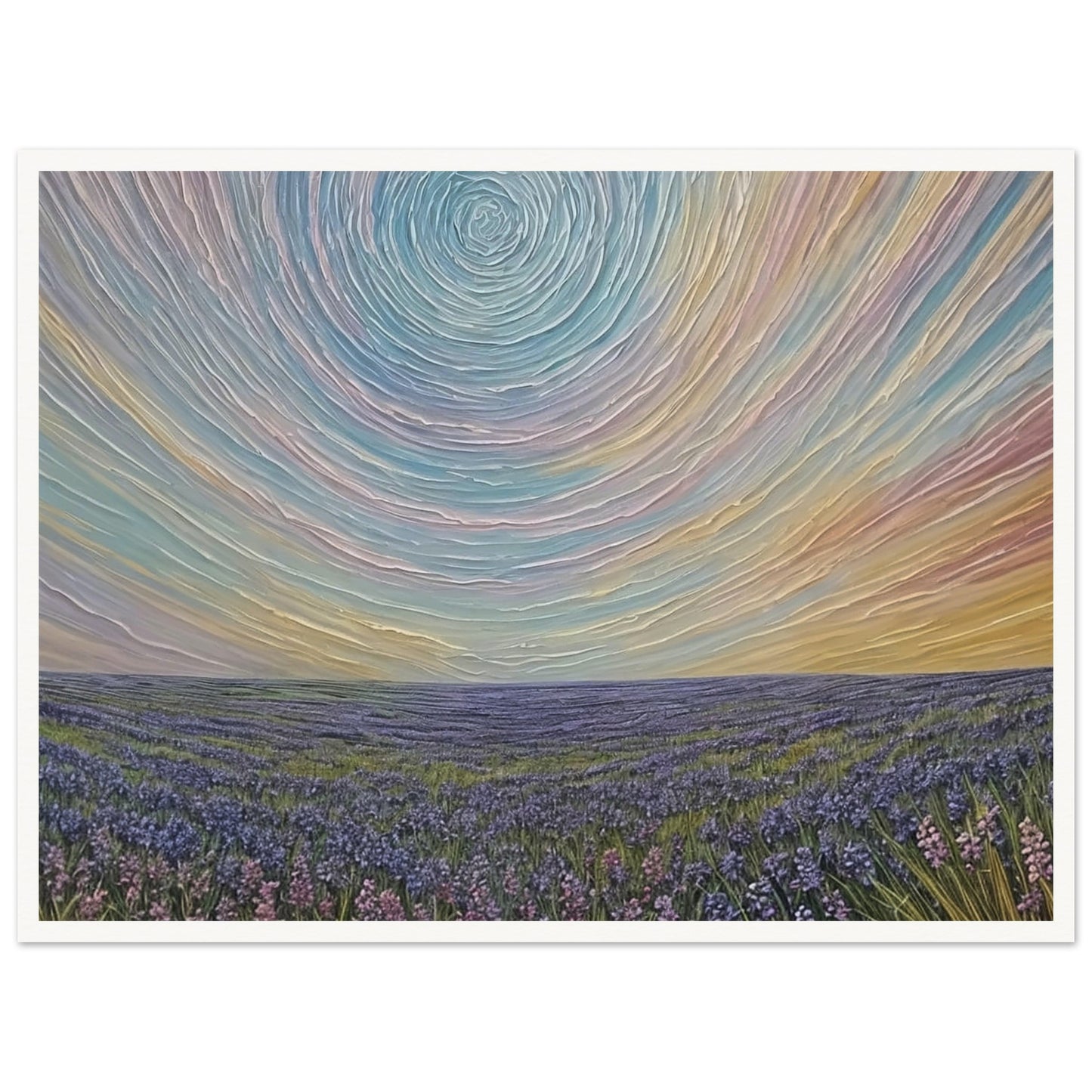 Surreal painting of a vast lavender field under a swirling pastel sky, creating a dreamlike atmosphere.