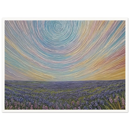 Surreal painting of a vast lavender field under a swirling pastel sky, creating a dreamlike atmosphere.