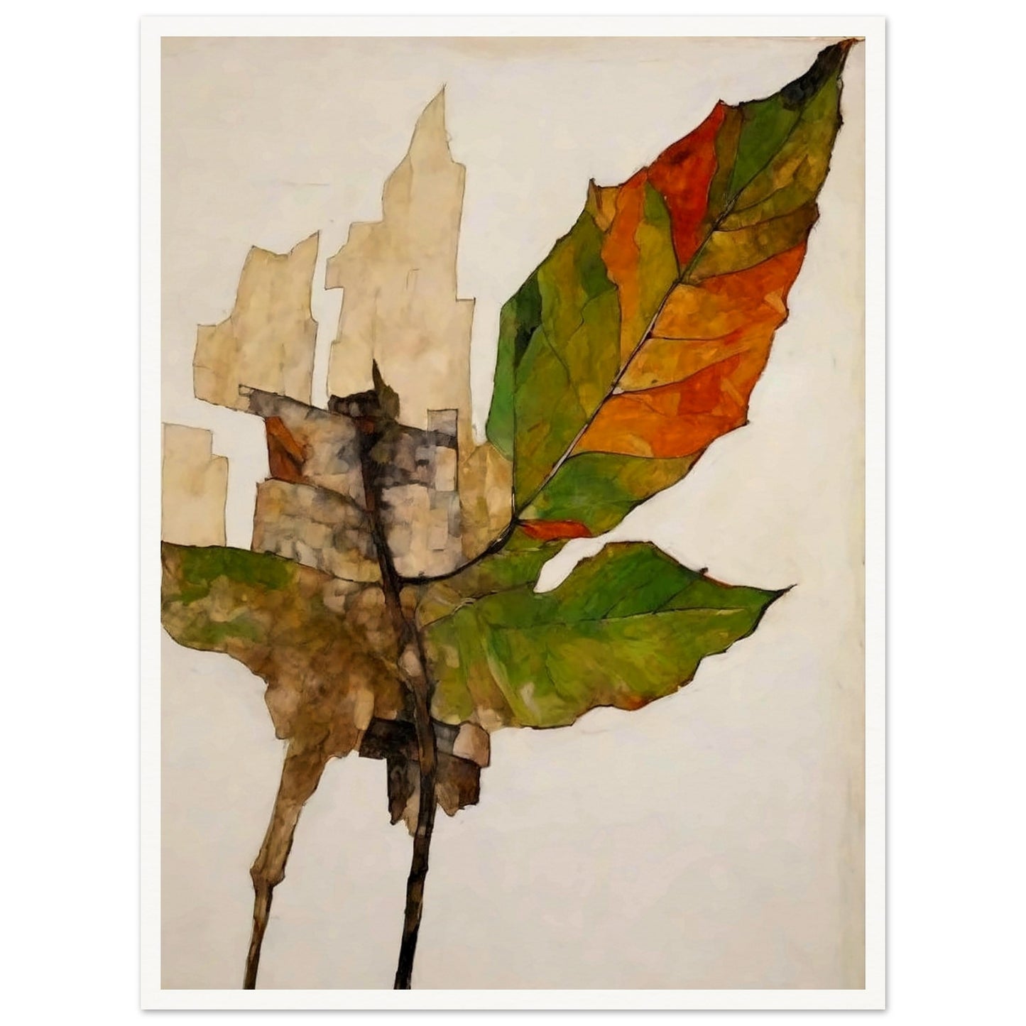 A detailed depiction of a leaf transitioning from green to brown and orange, showing the effects of aging and decay, set against a soft neutral background.