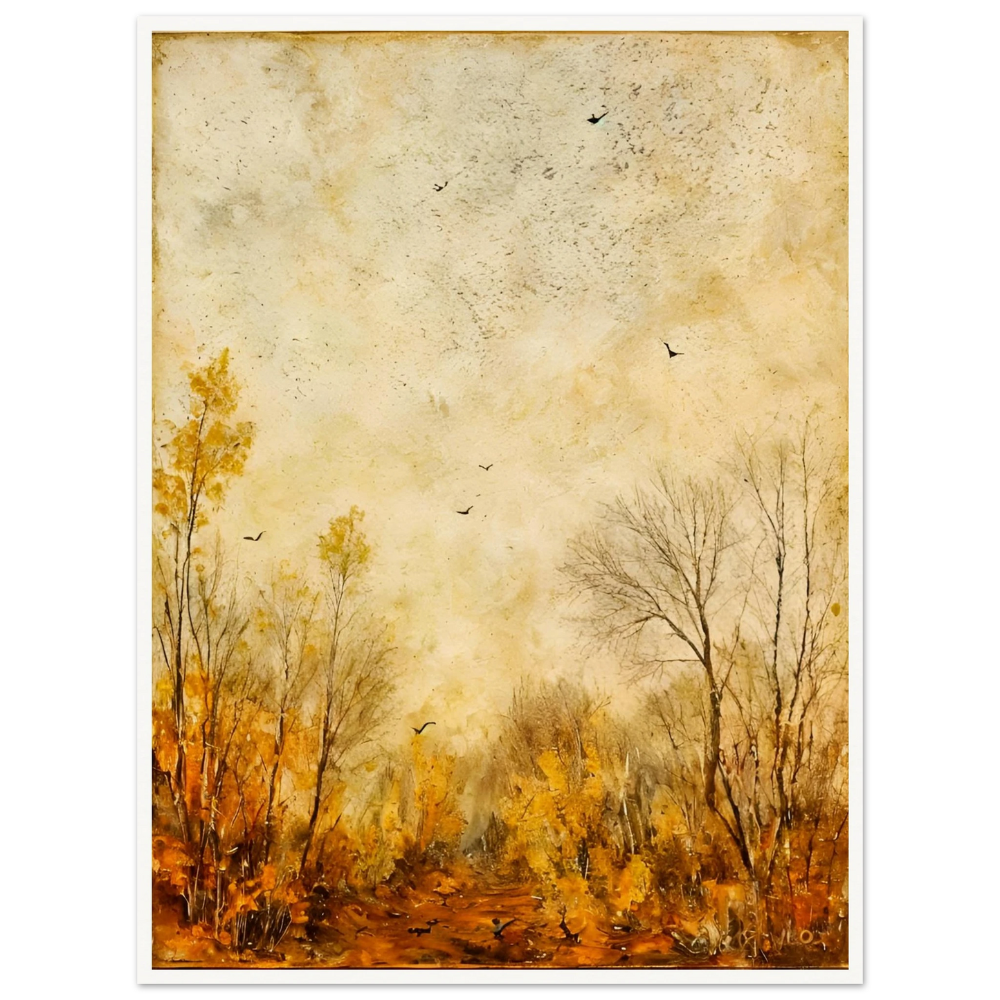 Muted fall forest with golden foliage and bare trees under a textured sky, scattered with birds in quiet flight.