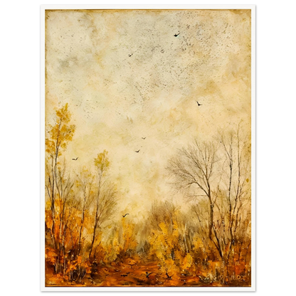 Muted fall forest with golden foliage and bare trees under a textured sky, scattered with birds in quiet flight.