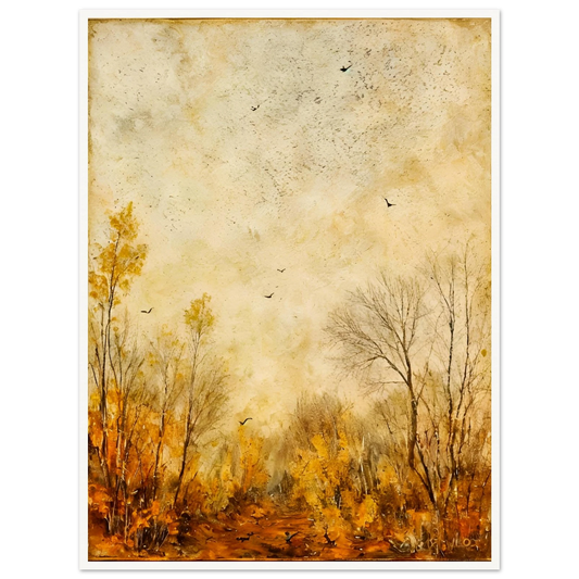 Muted fall forest with golden foliage and bare trees under a textured sky, scattered with birds in quiet flight.