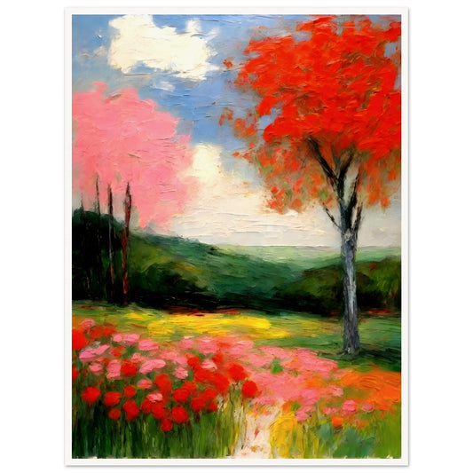 A lush landscape filled with vibrant red, pink, and yellow blossoms beneath a bright sky, featuring a striking autumnal tree with fiery foliage.