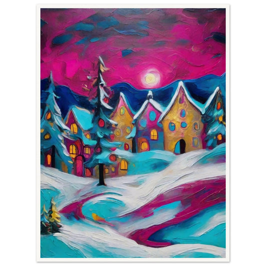 A colorful winter village scene with glowing houses, snow-covered trees, and a vibrant magenta sky illuminated by the moon.