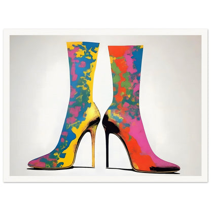 Vibrant high-heeled boots adorned with splashes of bold colors, creating a striking and fashionable design on a neutral background.