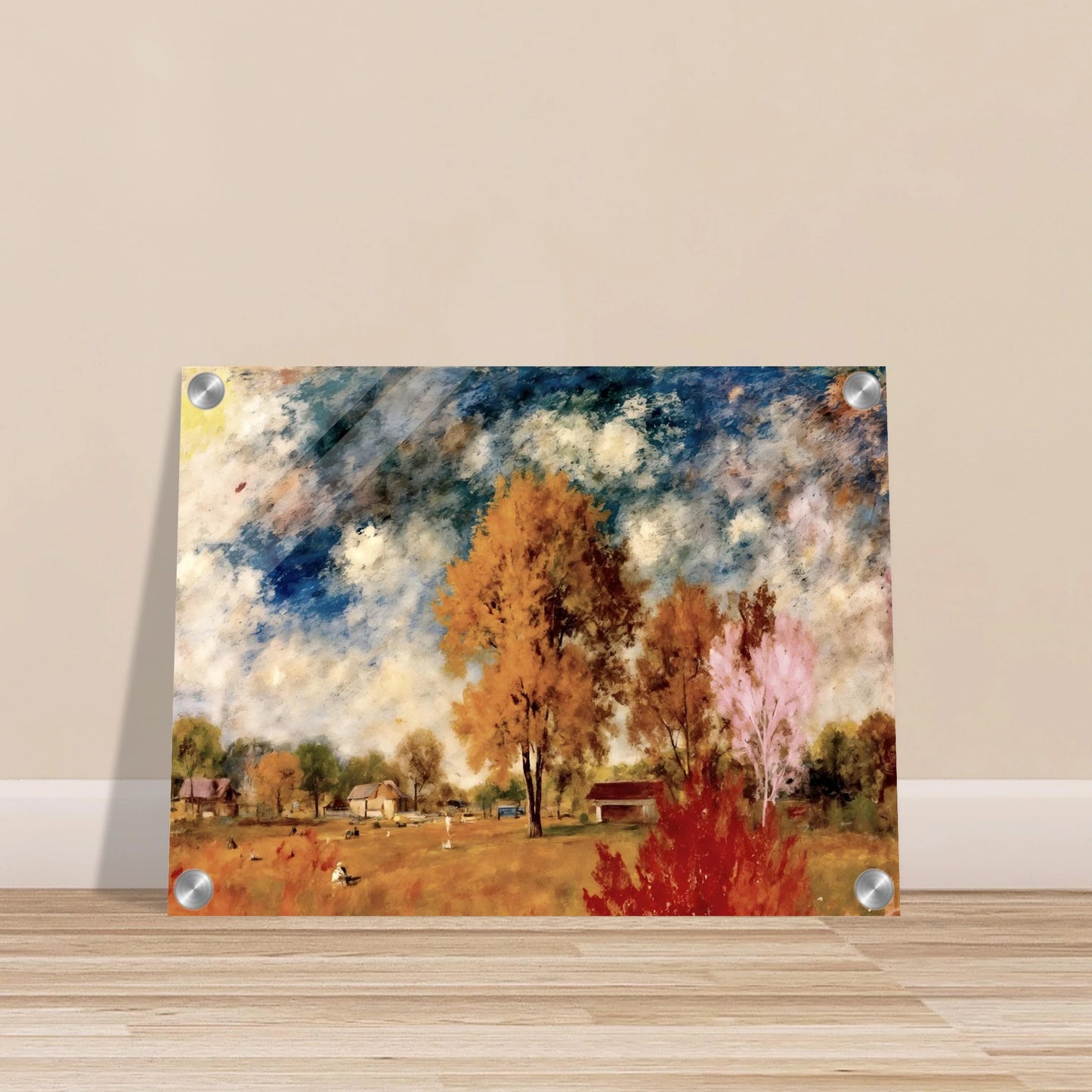A pastoral countryside scene with autumn trees, rustic homes, golden fields, and dramatic blue skies painted in soft textured strokes.