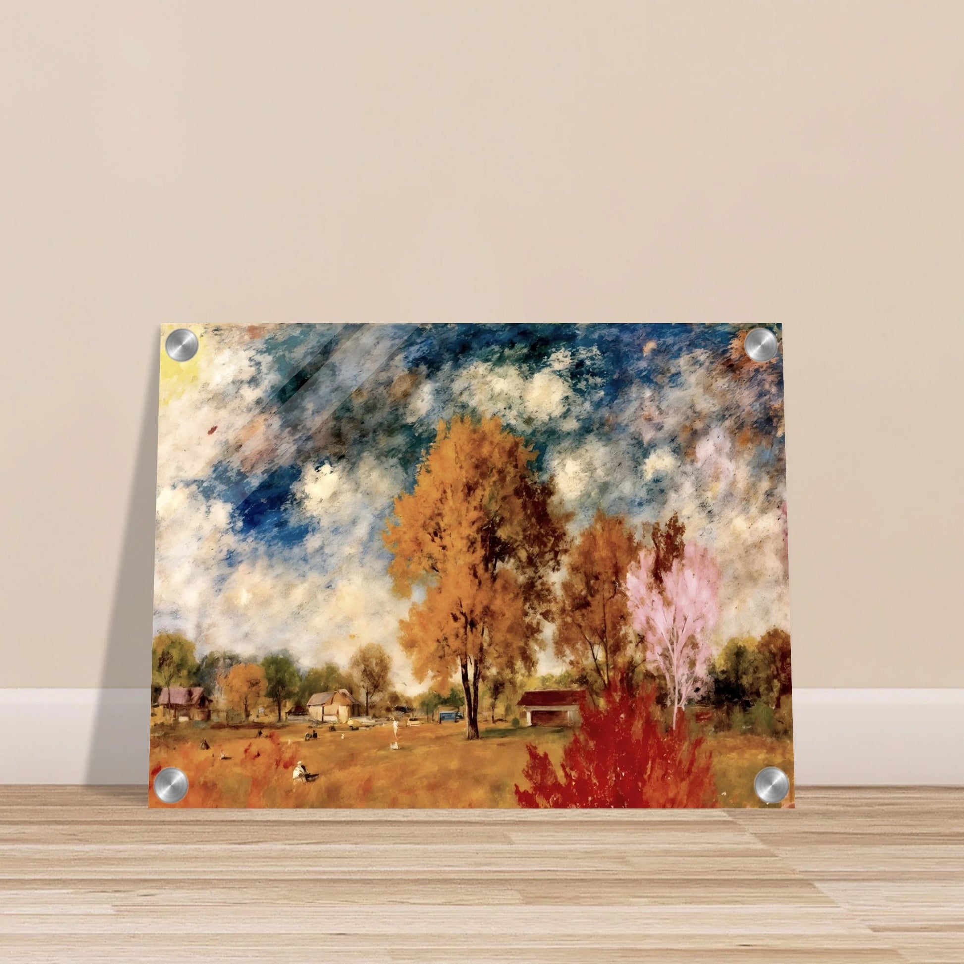 A pastoral countryside scene with autumn trees, rustic homes, golden fields, and dramatic blue skies painted in soft textured strokes.