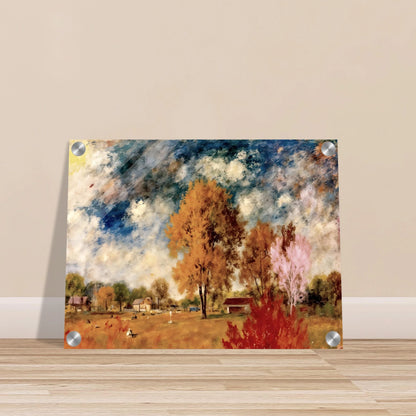 A pastoral countryside scene with autumn trees, rustic homes, golden fields, and dramatic blue skies painted in soft textured strokes.